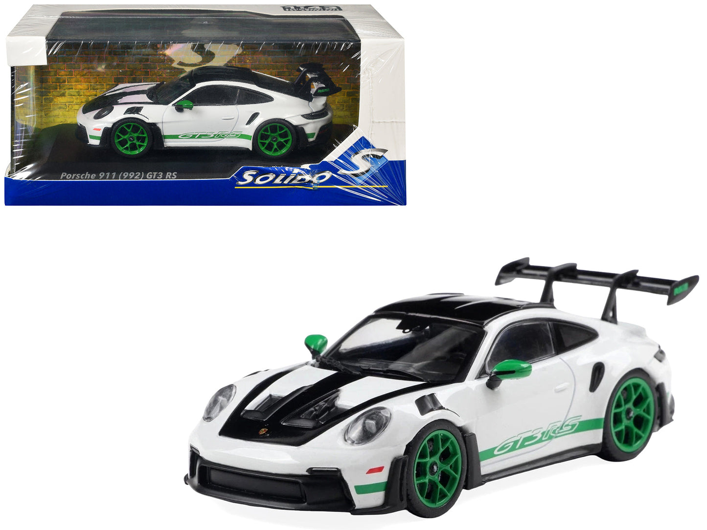 2023 Porsche 911 (992) GT3 RS "Tribute to Carrera RS Package" White with Green Stripes and Black Hood and Top 1/43 Diecast Model Car