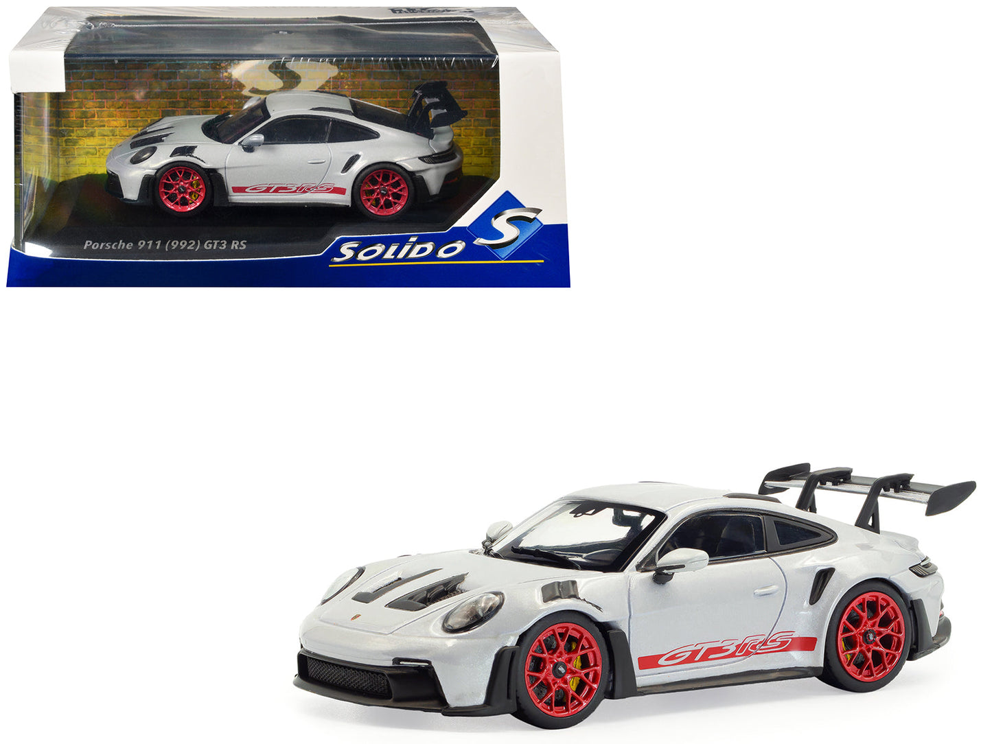 2023 Porsche 911 (992) GT3 RS Ice Gray Metallic with Pyro Red Stripes 1/43 Diecast Model Car