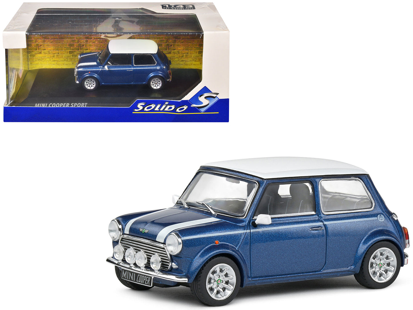 1994 Mini Cooper Sport Tahiti Blue Metallic with White Top and Stripes 1/43 Diecast Model Car