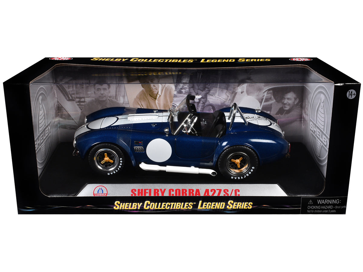 1965 Shelby Cobra 427 S/C Dark Blue Metallic with White Stripes with Printed Carroll Shelby's Signature on the Trunk 1/18 Diecast Model Car