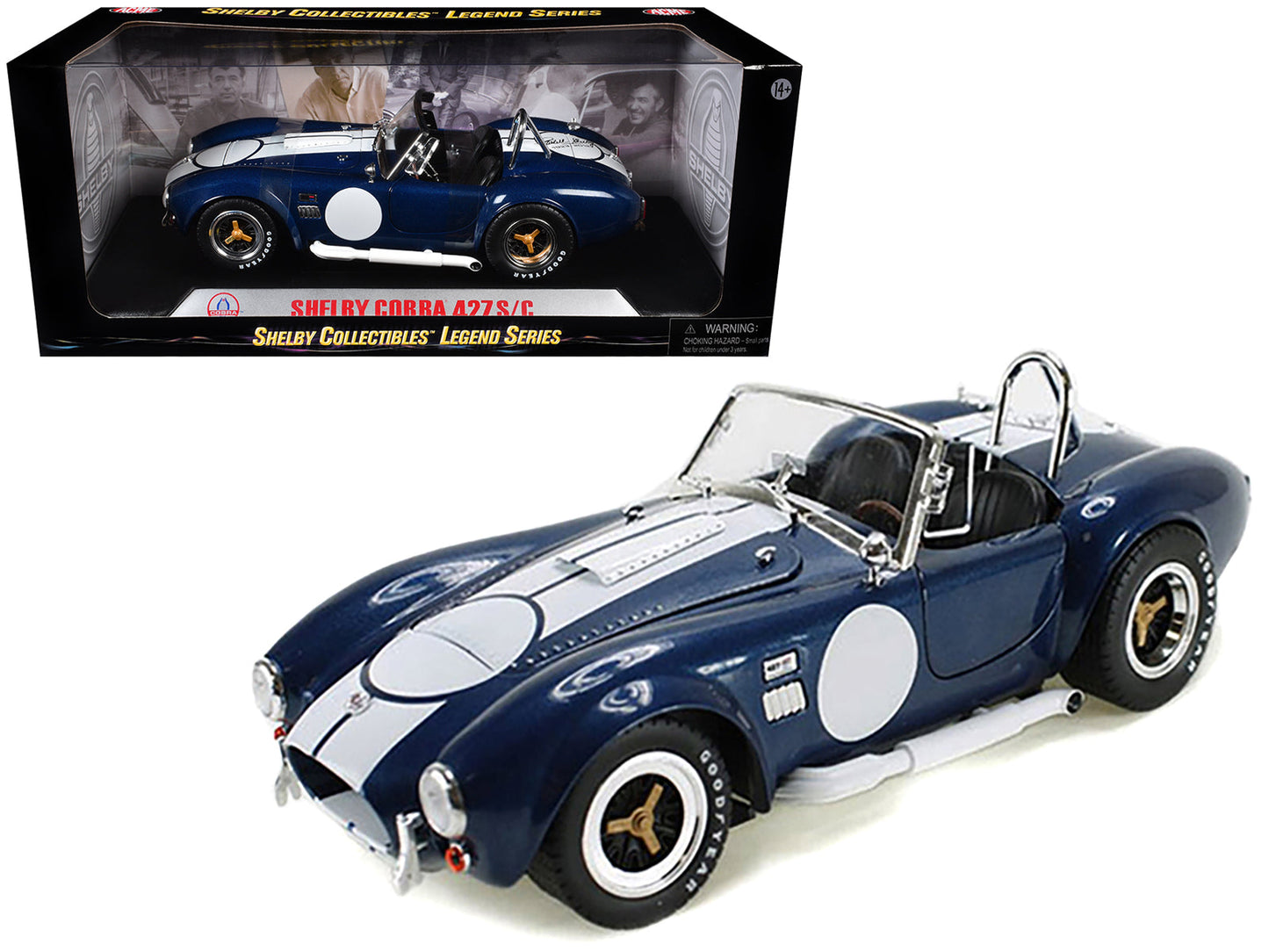 1965 Shelby Cobra 427 S/C Dark Blue Metallic with White Stripes with Printed Carroll Shelby's Signature on the Trunk 1/18 Diecast Model Car