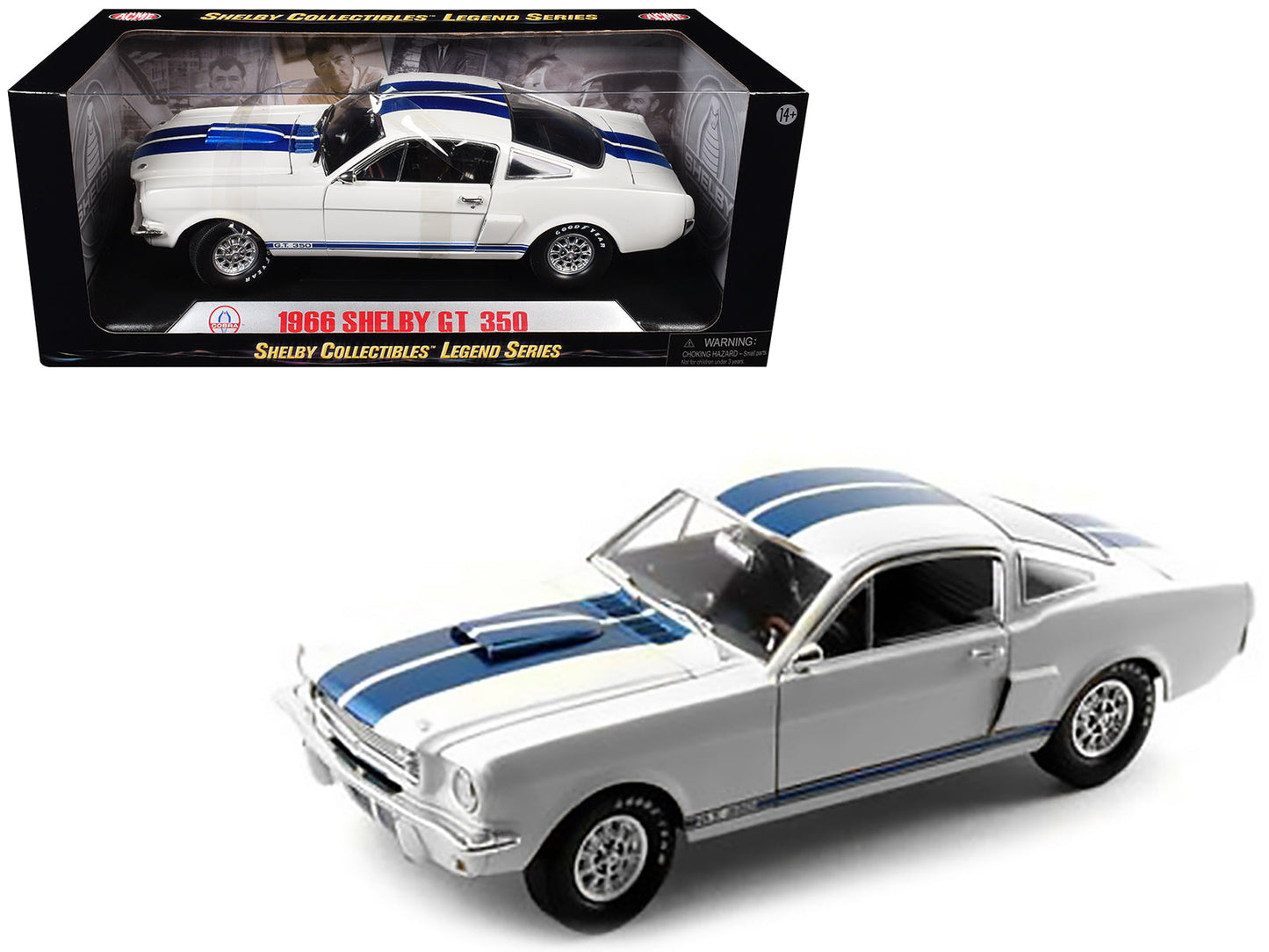 1966 Ford Mustang Shelby GT350 White with Blue Stripes 1/18 Diecast Model Car