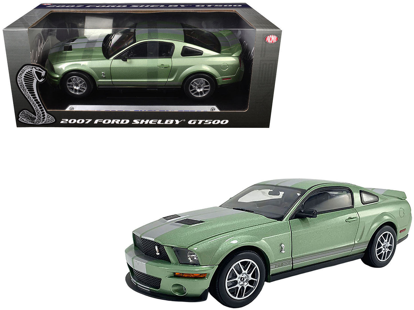 2007 Ford Shelby GT500 Lime Green Metallic with Silver Stripes "Shelby Collectibles" Series 1/18 Diecast Model Car