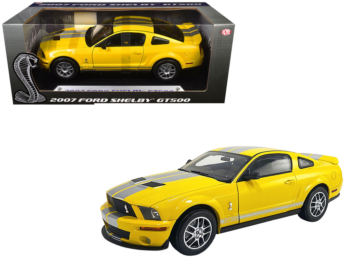 2007 Ford Shelby GT500 Yellow with Silver Stripes "Shelby Collectibles" Series 1/18 Diecast Model Car
