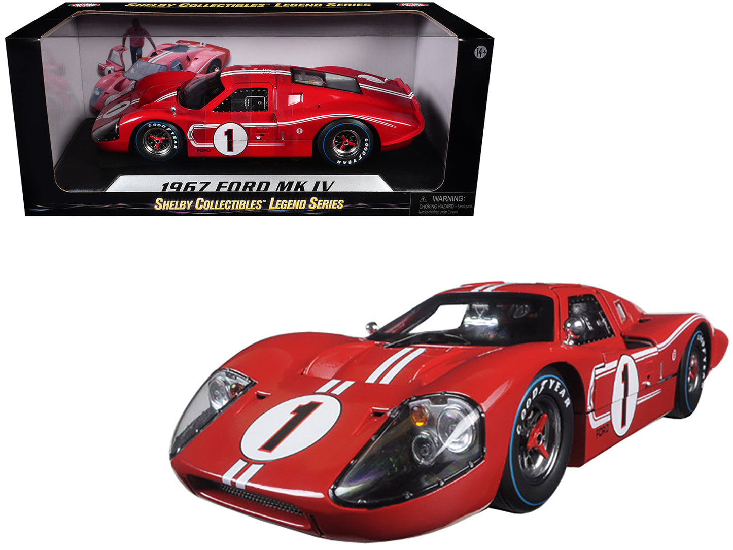 Ford GT MK IV #1 Red with White Stripes 24H of Le Mans (1967) 1/18 Diecast Model Car