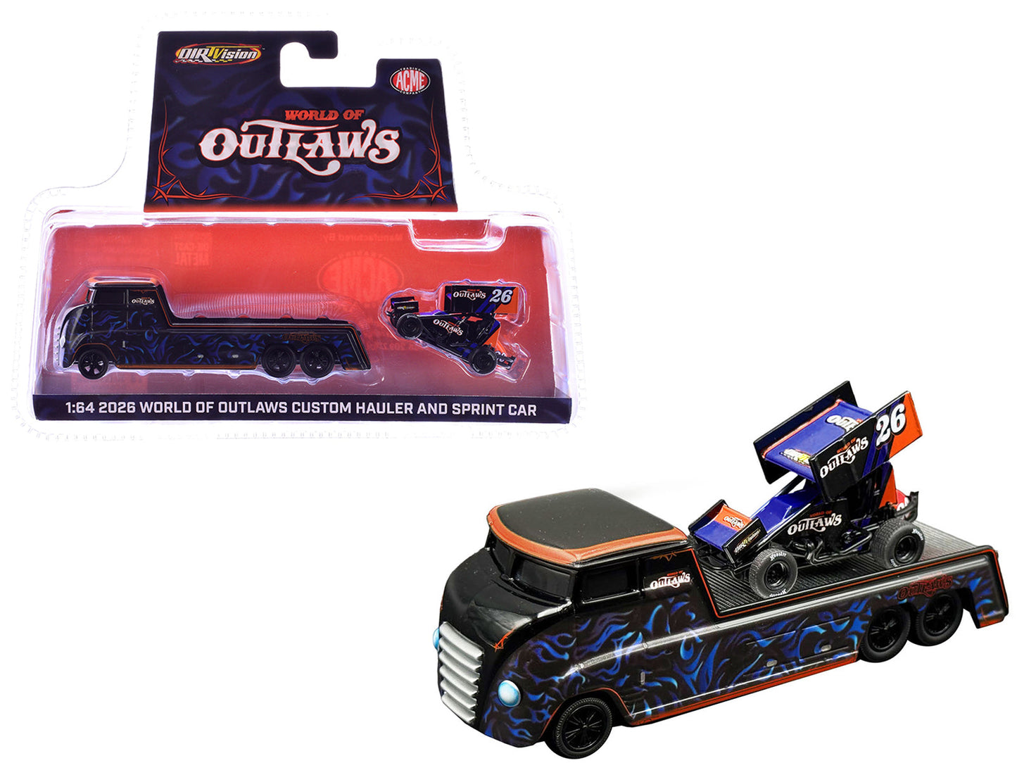 "World Of Outlaws 2026" Winged Sprint Car #26 Black with Stripes and Custom Hauler Black with Graphics 1/64 Diecast Model Cars