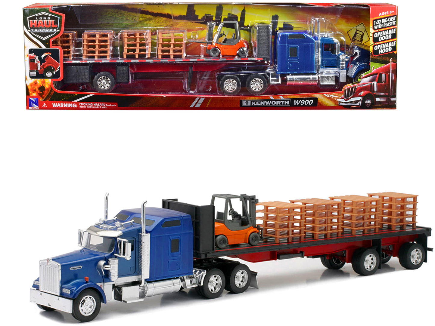 Kenworth W900 Truck with Flatbed Trailer Blue with Forklift and Pallets "Long Haul Truckers" Series 1/32 Diecast Model