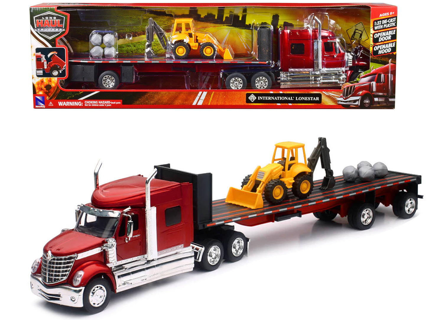 International Lonestar Truck with Flatbed Trailer Red Metallic with Front Loader and Rocks "Long Haul Truckers" Series 1/32 Diecast Model