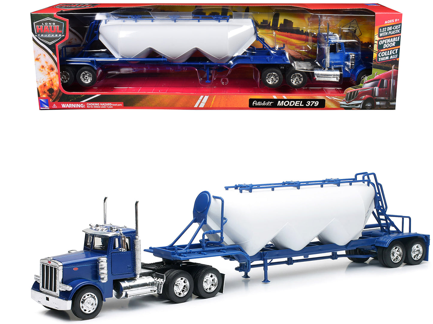 Peterbilt 379 Truck Blue with Pneumatic Tanker Trailer White "Long Haul Truckers" Series 1/32 Diecast Model