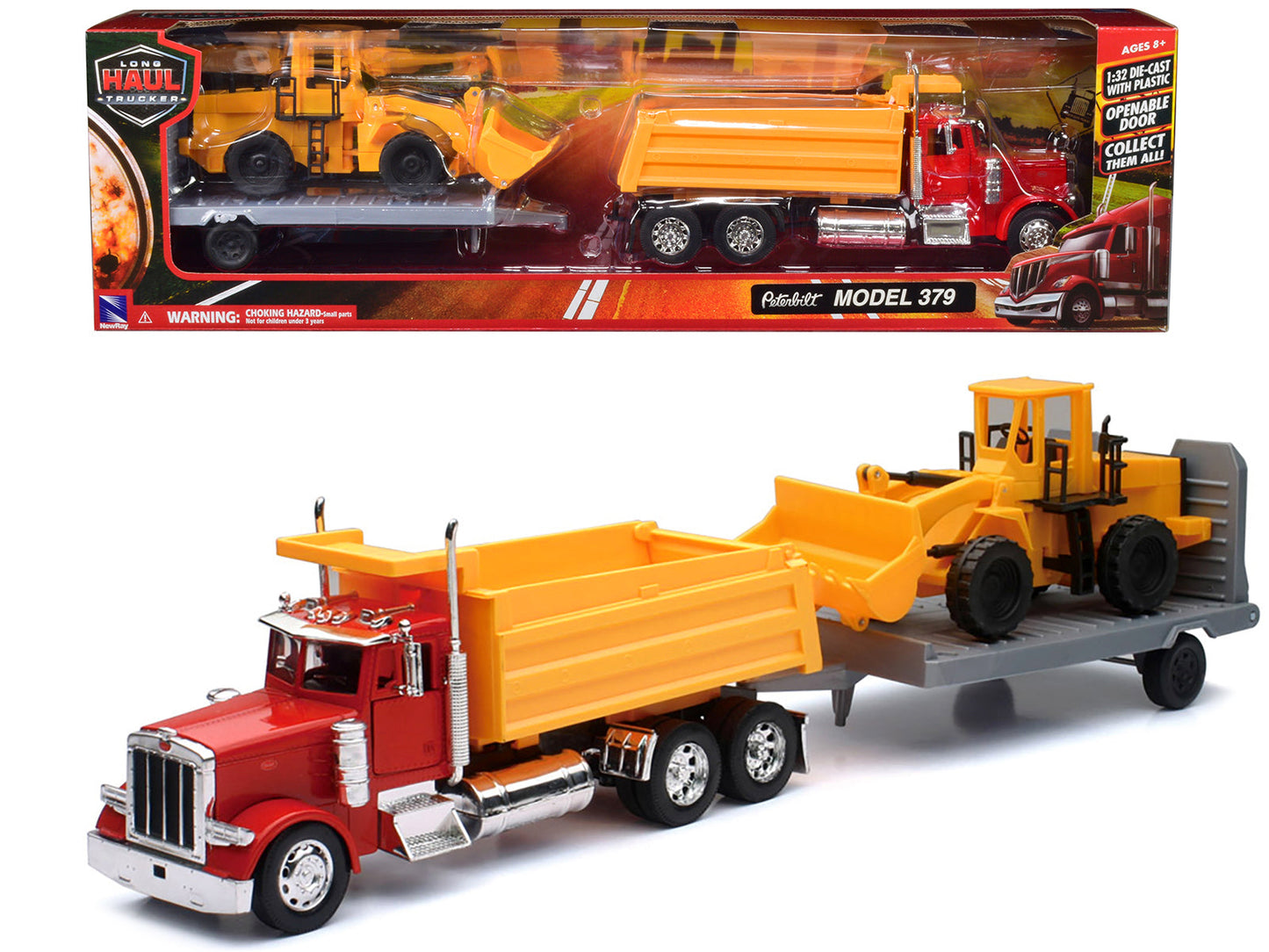 Peterbilt 379 Dump Truck Red and Wheel Loader Yellow with Flatbed Trailer "Long Haul Truckers" Series 1/32 Diecast Model