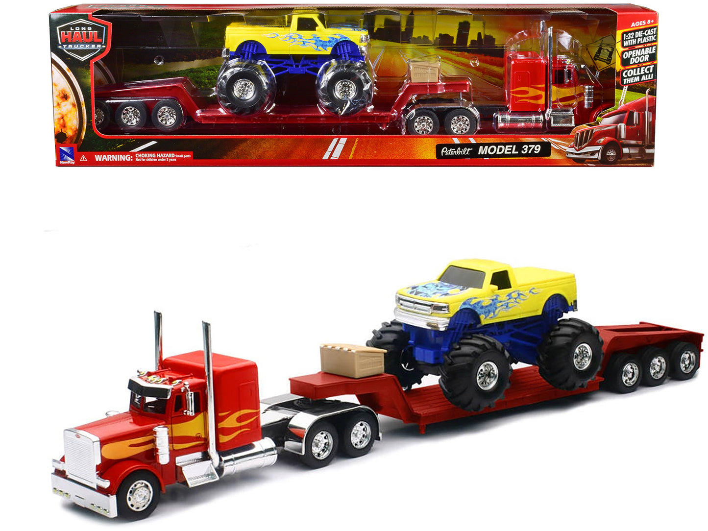 Peterbilt 379 Truck with Lowboy Trailer Red with Orange Flames and Monster Truck Yellow with Blue Flames "Long Haul Truckers" Series 1/32 Diecast Model