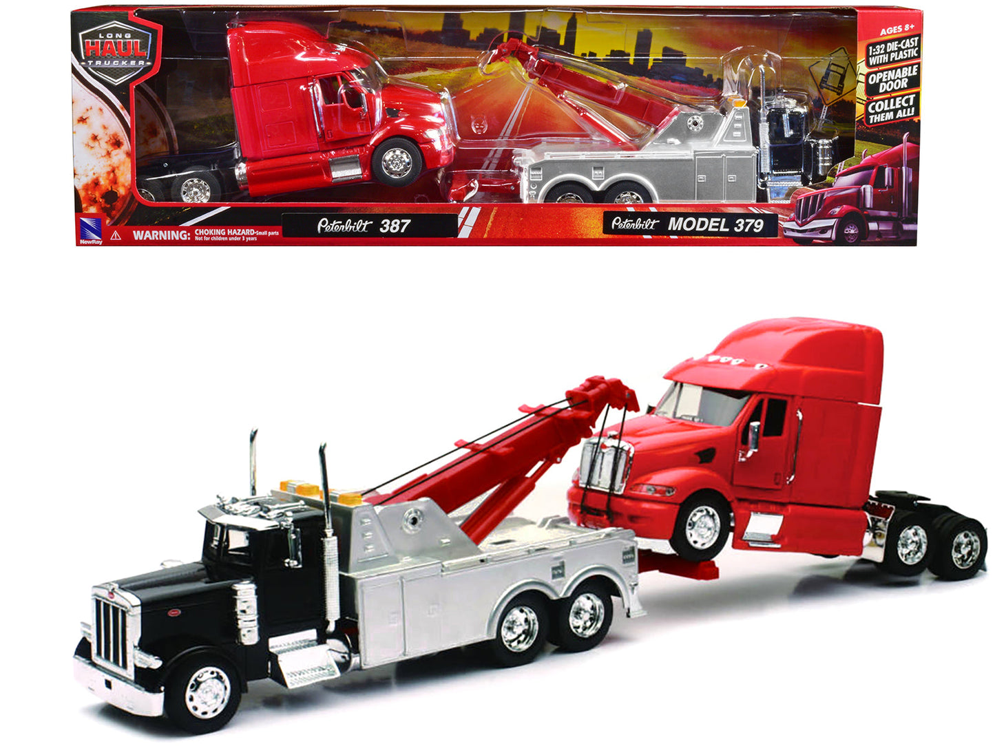 Peterbilt 379 Tow Truck Black with Peterbilt 387 Truck Tractor Red Set of 2 pieces 1/32 Diecast Model
