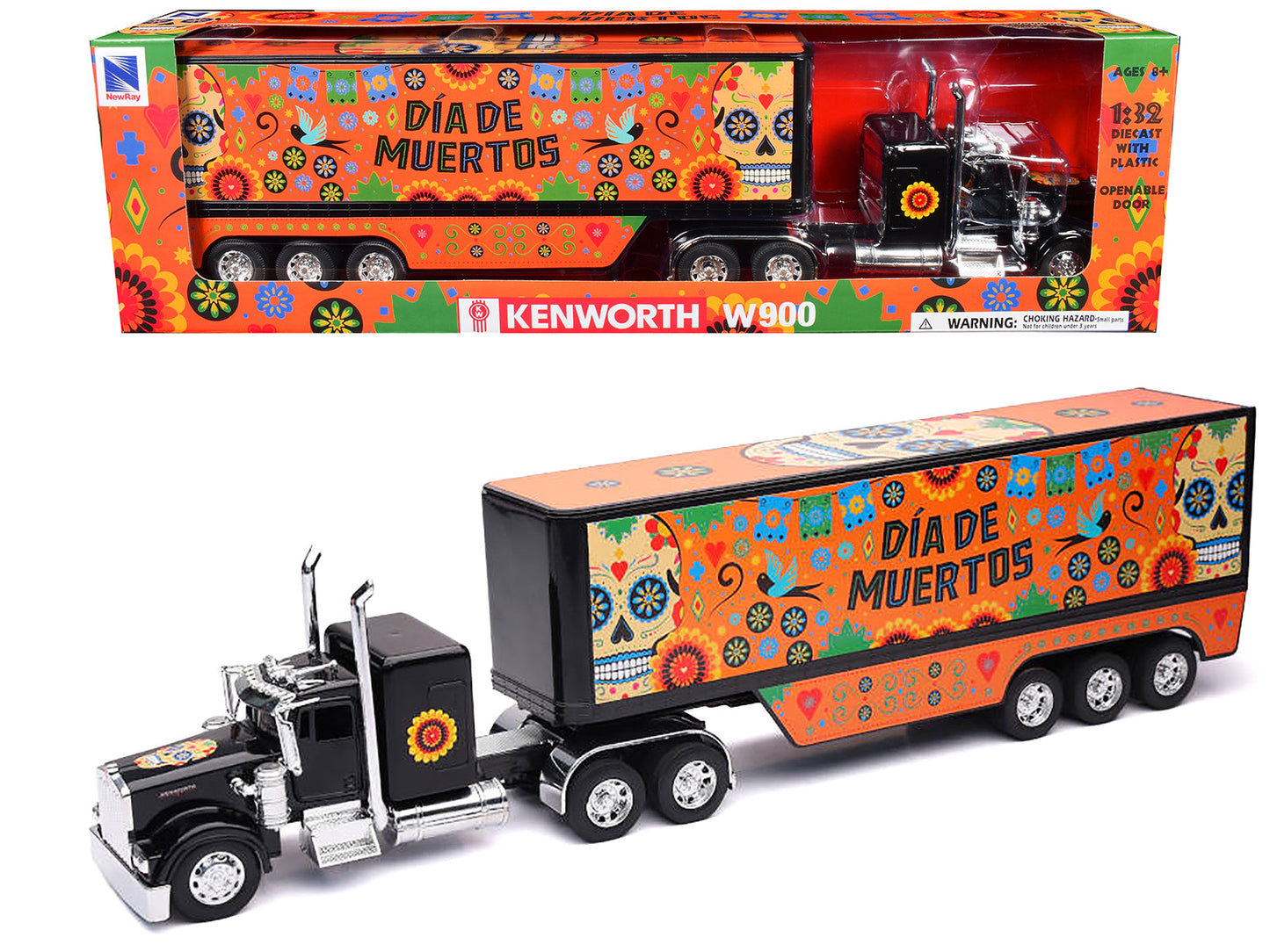 Kenworth W900 Truck Black with Graphics and Dry Van Trailer "Dia De Muertos" 1/32 Diecast Model