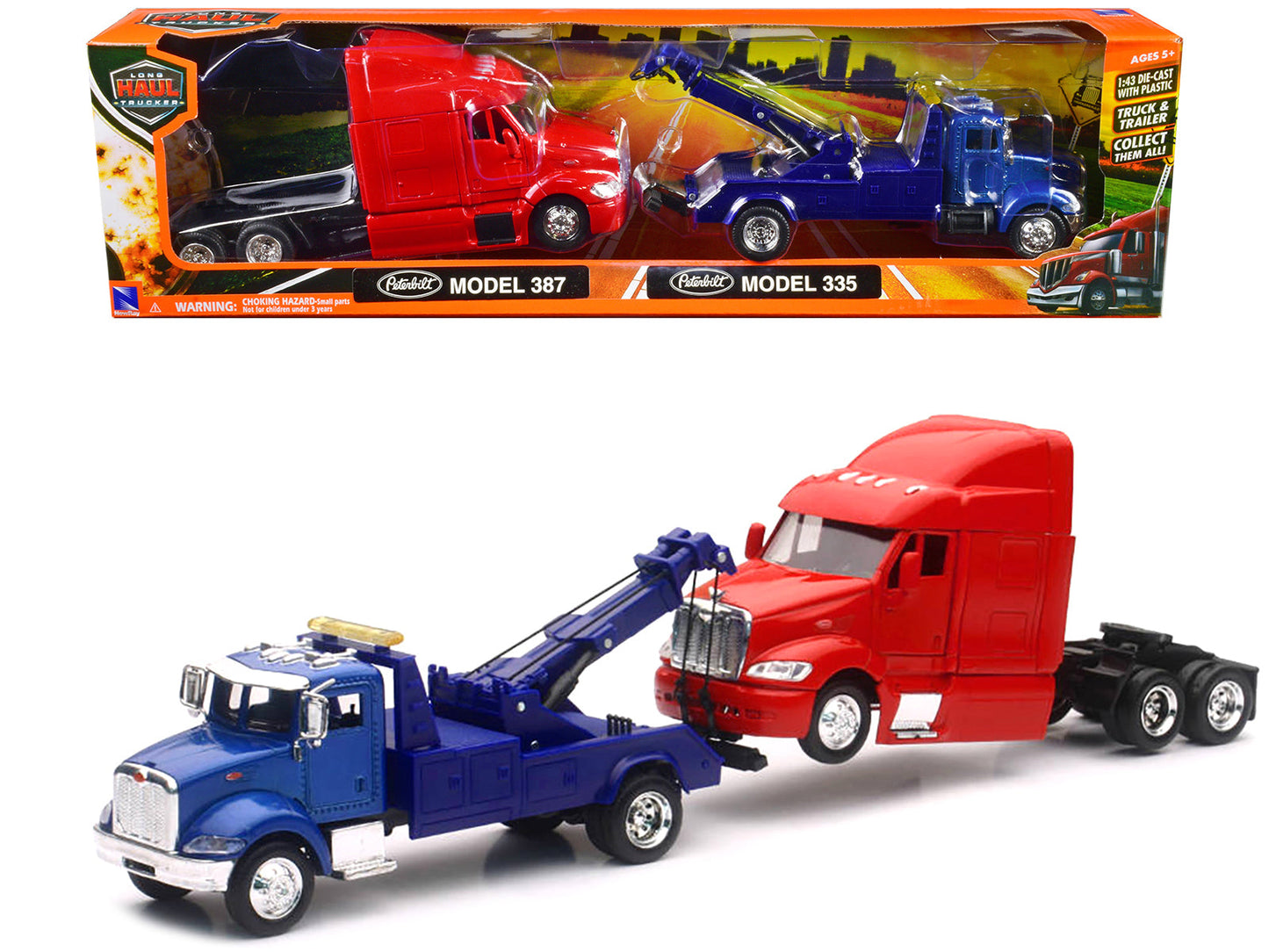 Peterbilt Model 335 Tow Truck Blue and Peterbilt Model 387 Cab Red Set of 2 Pieces 1/43