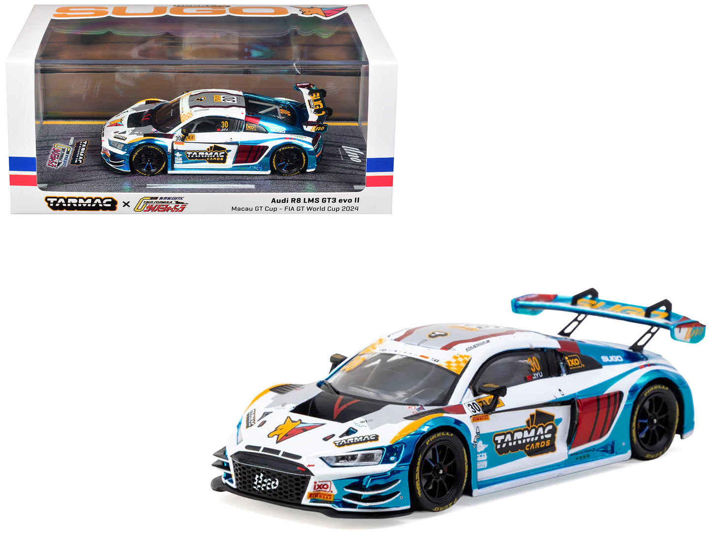 Audi R8 LMS GT3 evo II #30 James Yu "Uno Racing Team" "Macau GT Cup - FIA GT World Cup" (2024) with A4 Poster "Hobby43" Series 1/43 Diecast Model Car
