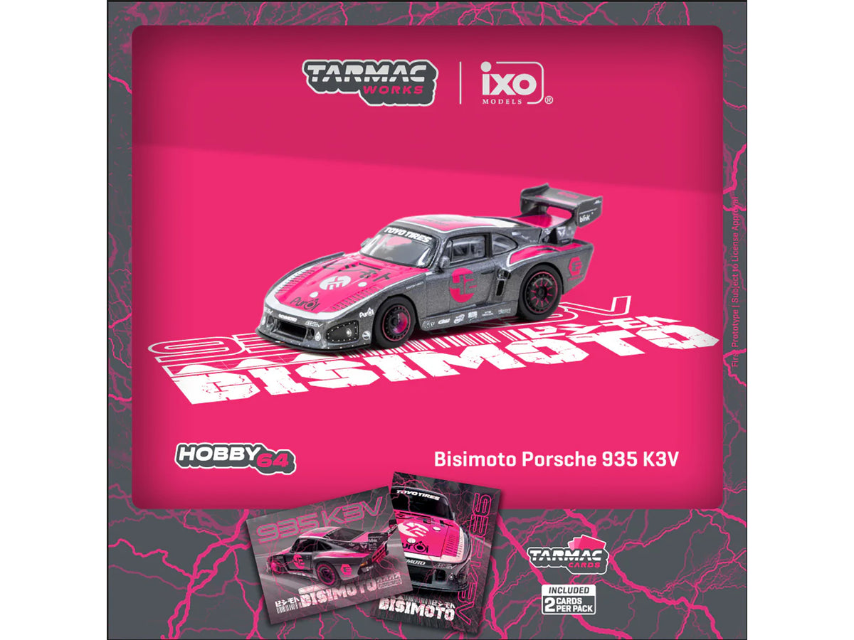 Porsche 935 K3V Bisimoto Gray Metallic with Pink Hood and Top with Tarmac Cards "Hobby64" Series 1/64 Diecast Model
