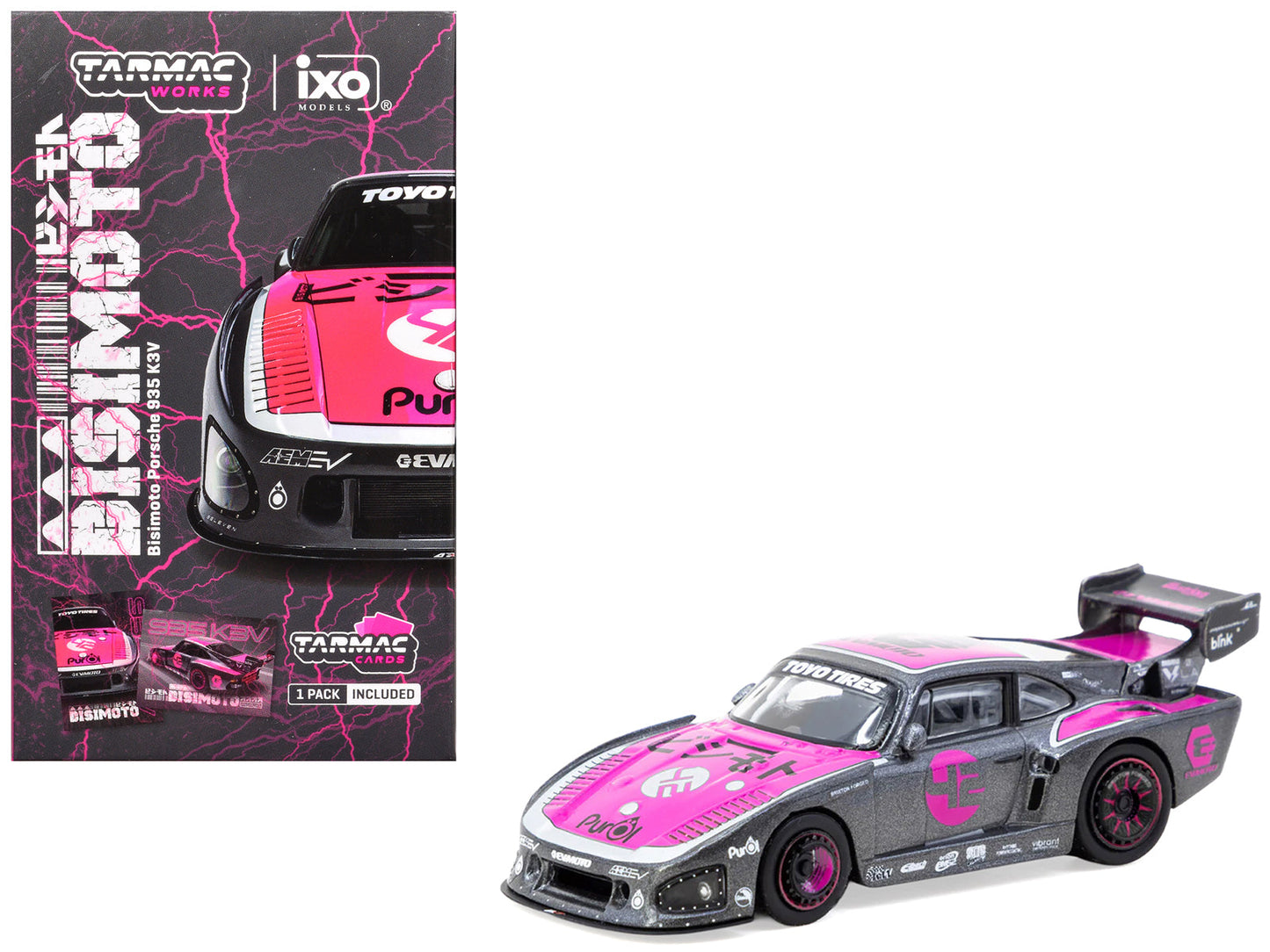 Porsche 935 K3V Bisimoto Gray Metallic with Pink Hood and Top with Tarmac Cards "Hobby64" Series 1/64 Diecast Model
