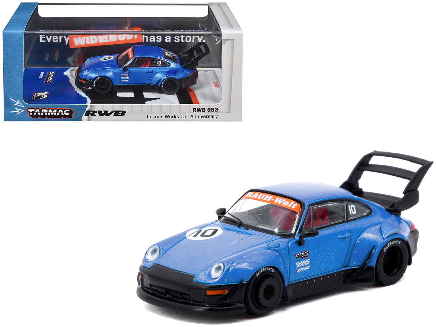 RWB 993 RHD (Right Hand Drive) #10 "Tarmac Works 10th Anniversary" Blue Metallic "Hobby64" Series 1/64 Diecast Model Car