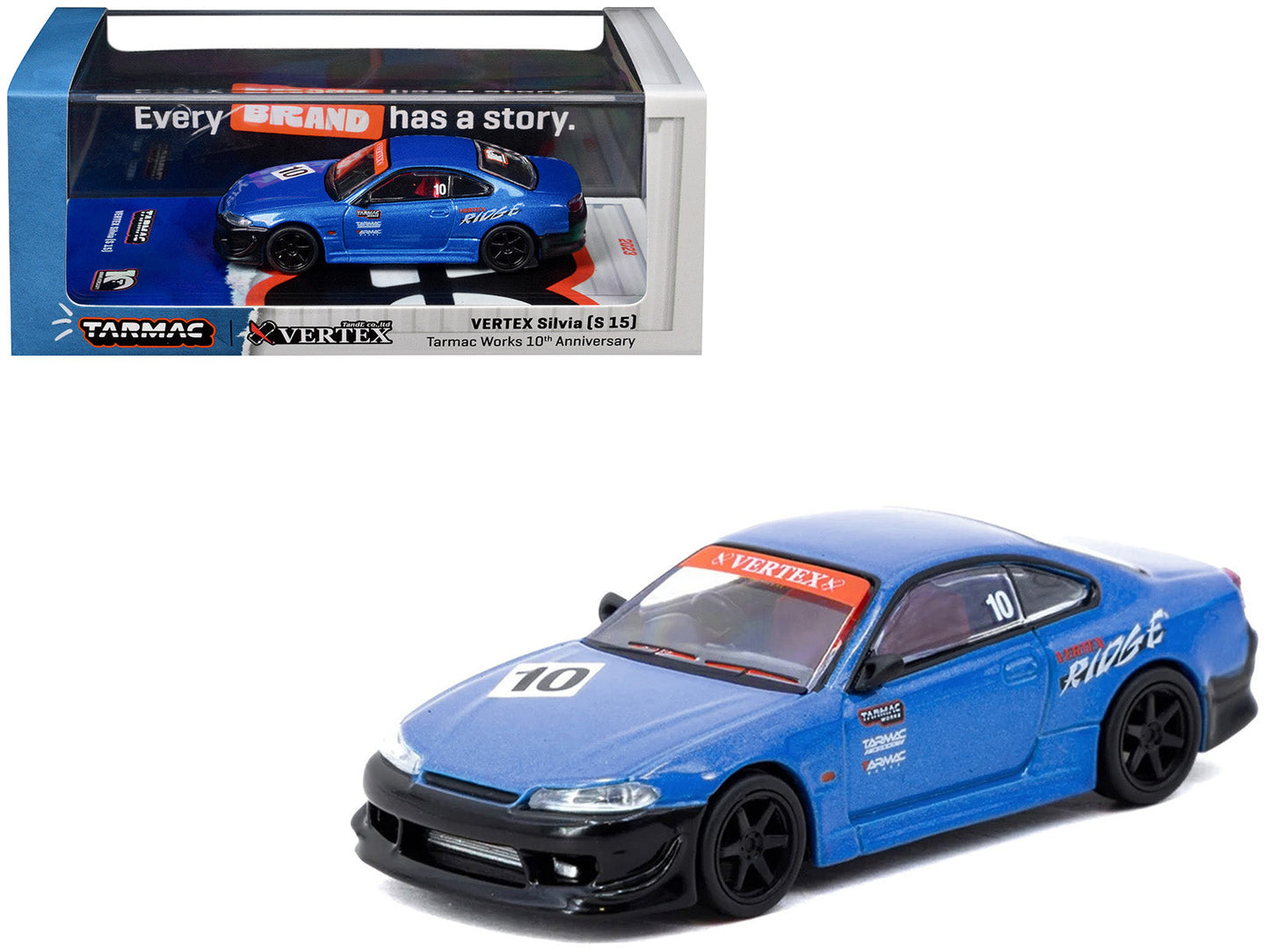 Nissan Vertex Silvia (S15) RHD (Right Hand Drive) #10 "Tarmac Works 10th Anniversary" Blue Metallic "Global64" 1/64 Diecast Model Car