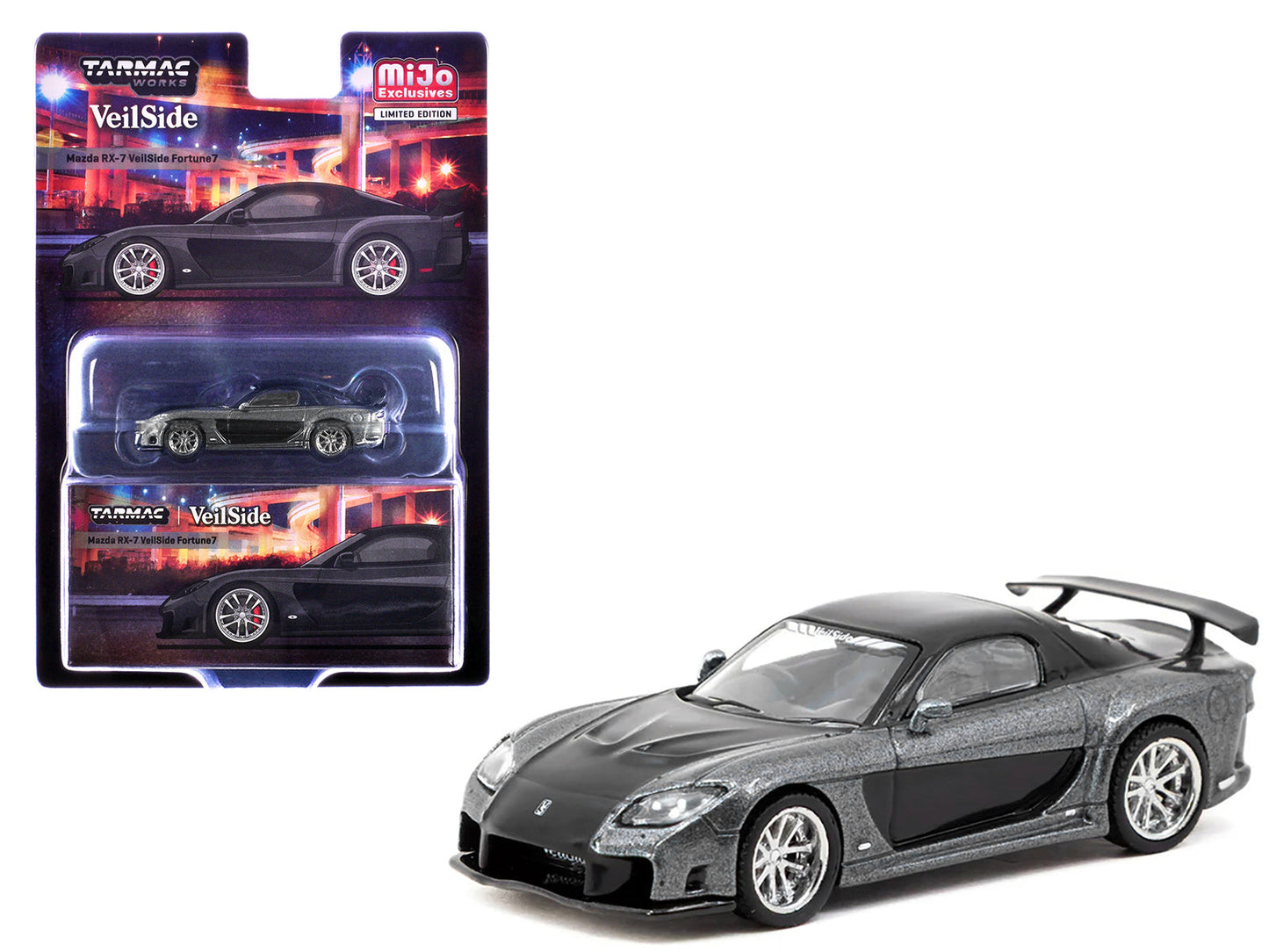 Mazda RX-7 "VeilSide Fortune7" RHD (Right Hand Drive) Gray Metallic and Black "Global64" Series 1/64 Diecast Model Car