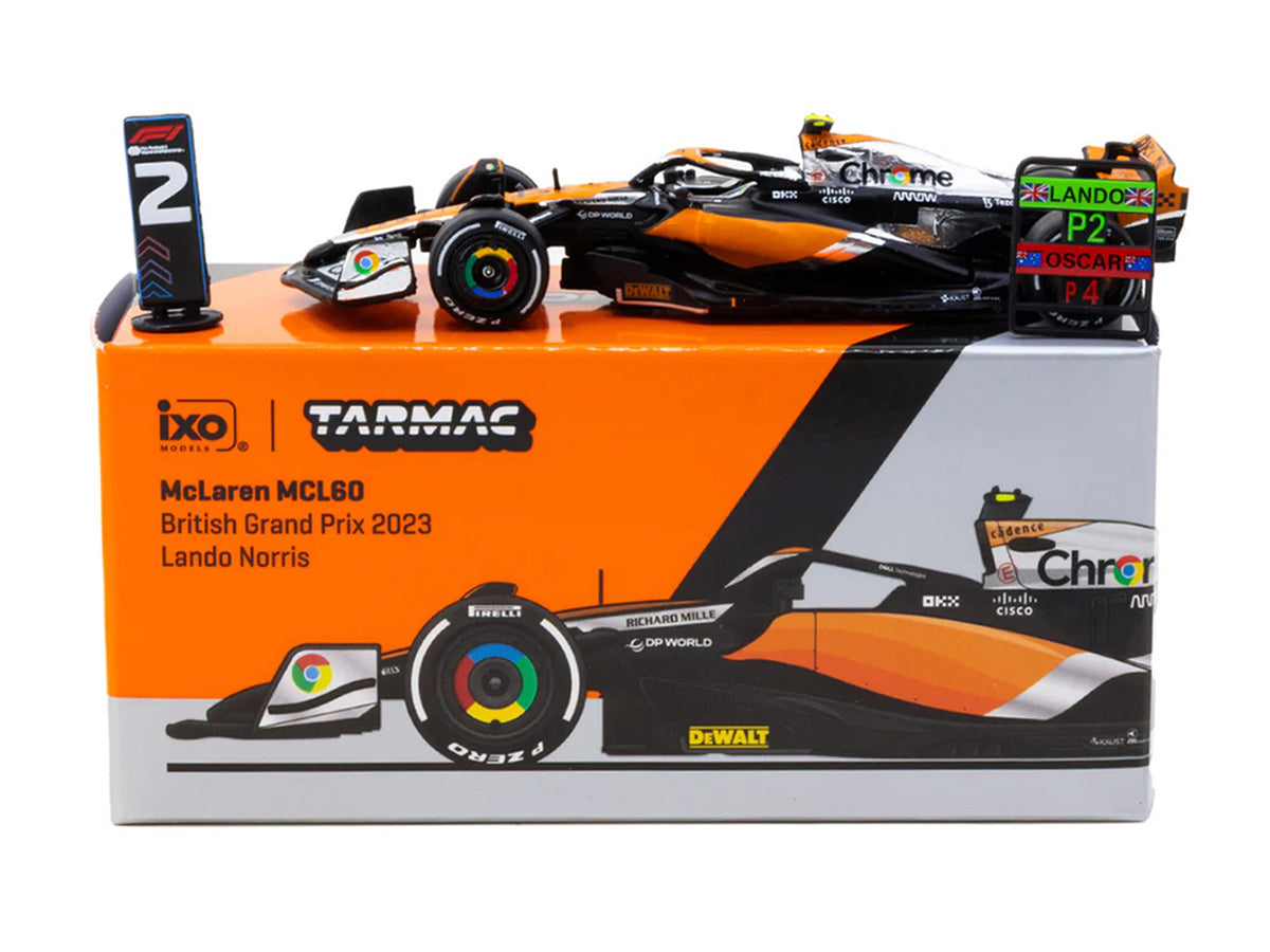 McLaren MCL60 #4 Lando Norris 2nd Place Formula One F1 "British GP" (2023) with Pitboards "Global64" Series 1/64 Diecast Model Car