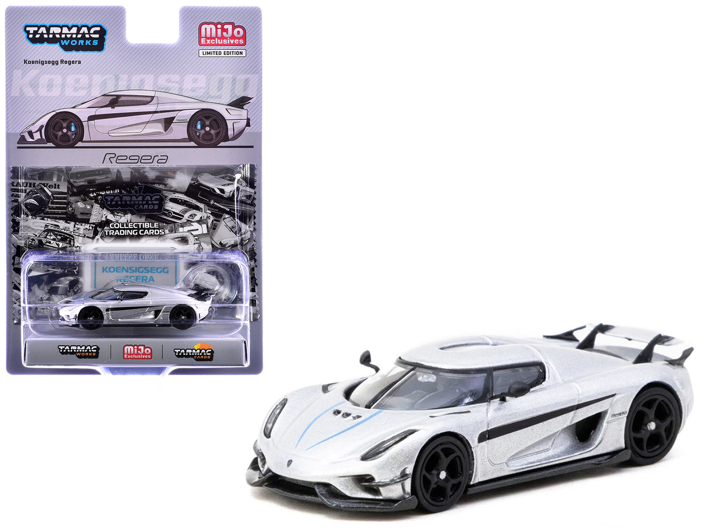 Koenigsegg Regera Silver Metallic with Blue Accents and Collectible Tarmac Cards "Global64" Series 1/64 Diecast Model Car