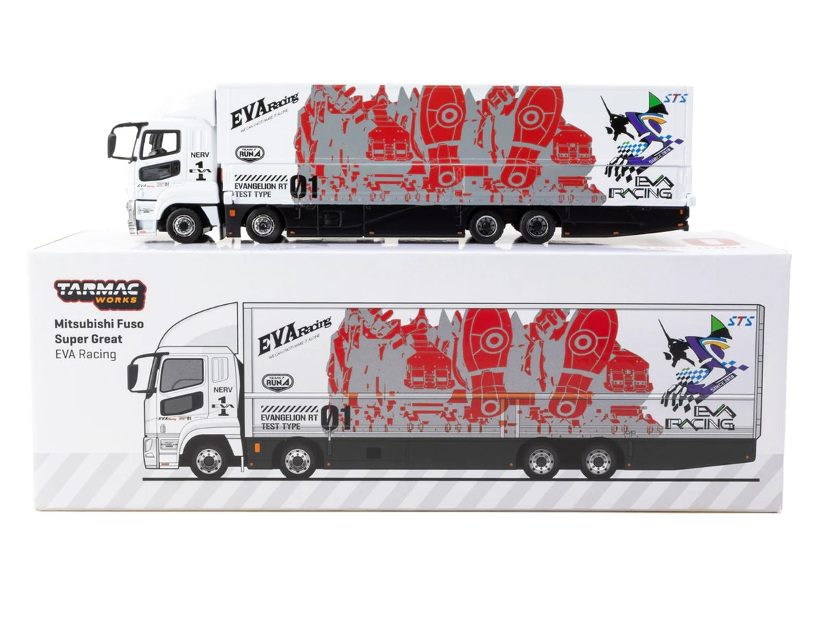 Mitsubishi Fuso Super Great Truck with Transporter "EVA Racing" White with Graphics "Truck64" Series 1/64 Diecast Model Car