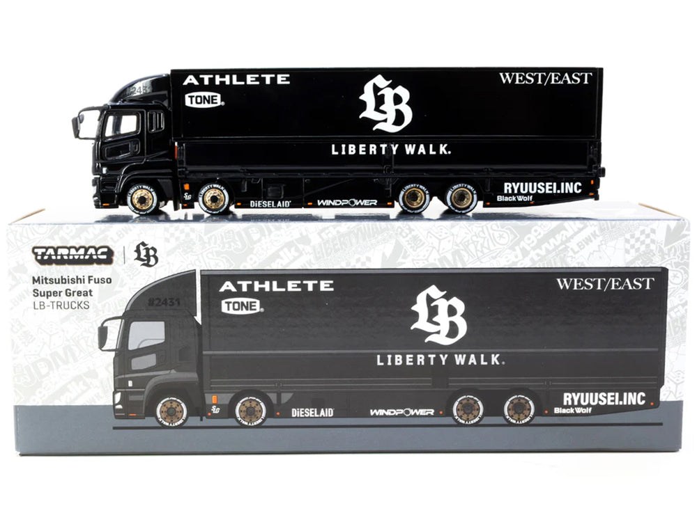 Mitsubishi Fuso Super Great Truck RHD (Right Hand Drive) with Transporter "Liberty Walk" Black "Truck64" Series 1/64 Diecast Model Car