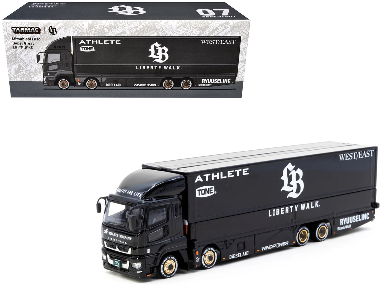 Mitsubishi Fuso Super Great Truck RHD (Right Hand Drive) with Transporter "Liberty Walk" Black "Truck64" Series 1/64 Diecast Model Car