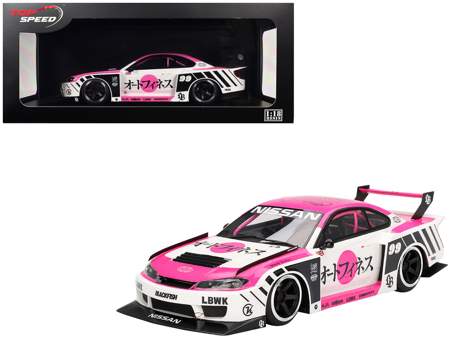 Nissan "LB-Super Silhouette" S15 SILVIA RHD (Right Hand Drive) #99 "Auto Finesse - SEMA 2023" White and Pink 1/18 Model Car