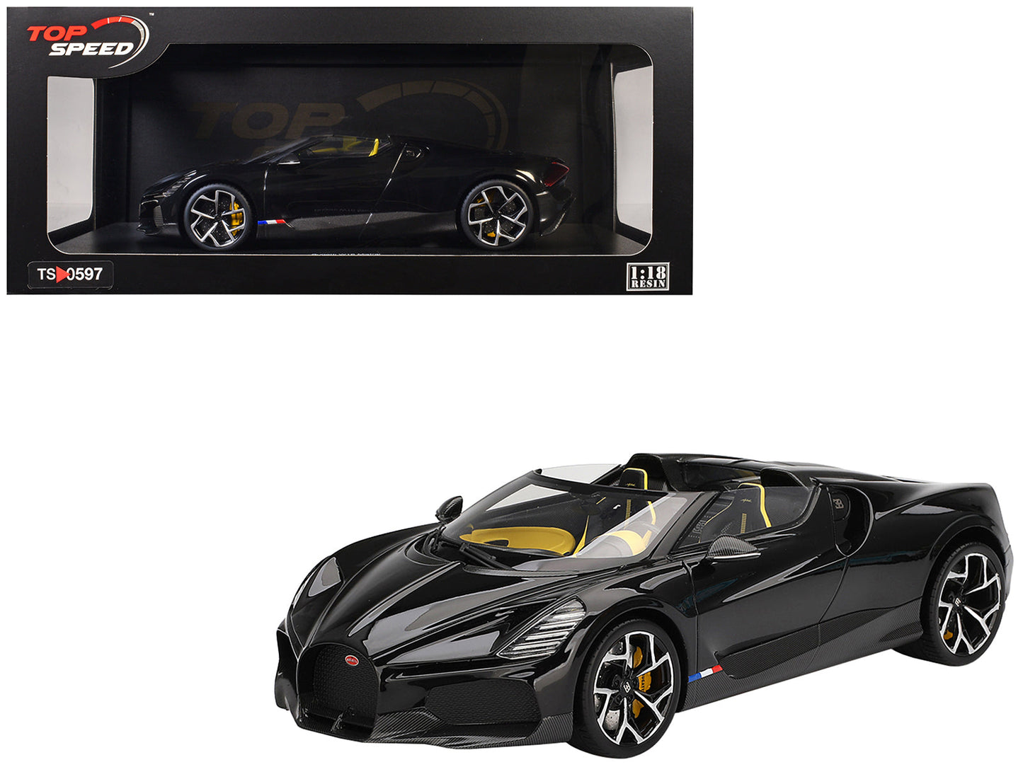 Bugatti W16 Mistral Black with Yellow Interior 1/18 Model Car