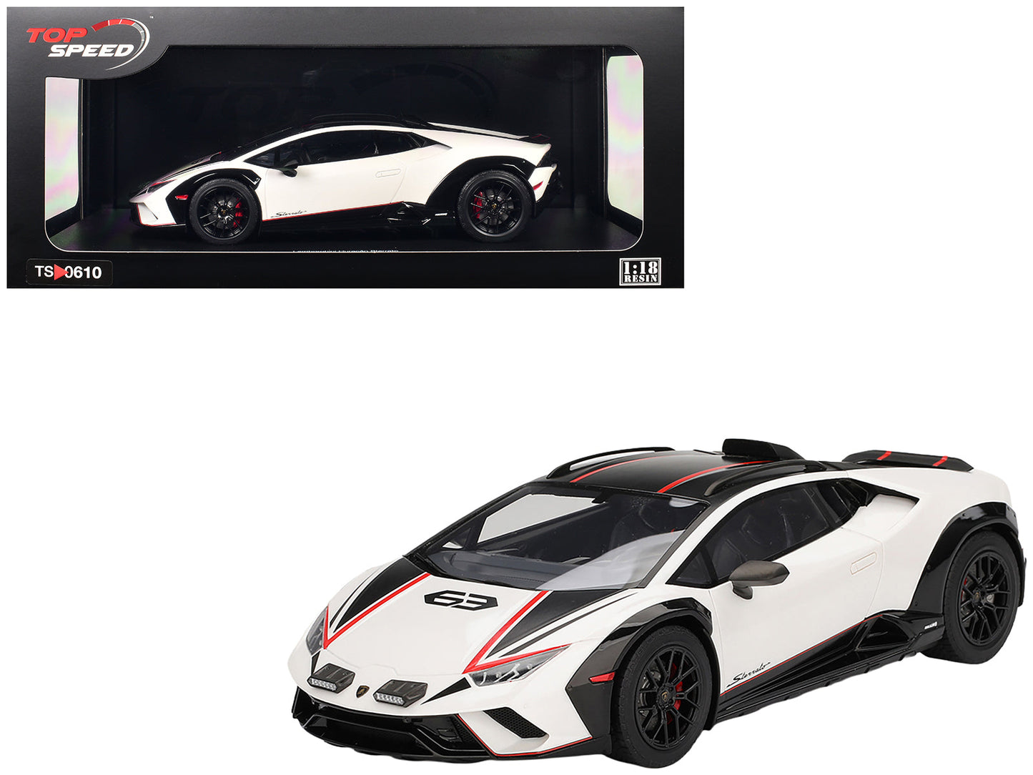 Lamborghini Huracan Sterrato Bianco Asopo White with Matt Black Top and Red Stripes 1/18 Model Car