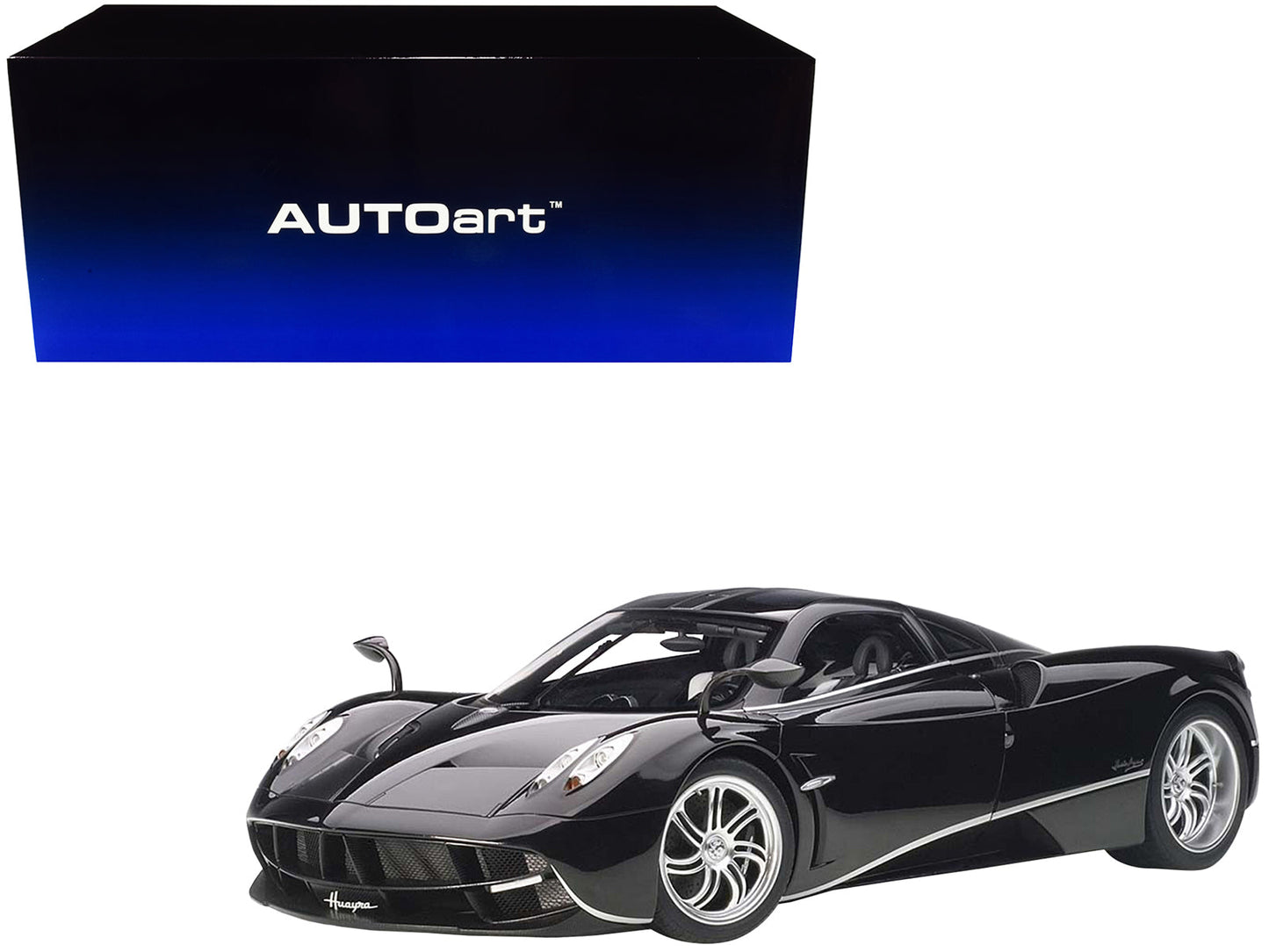 Pagani Huayra Gloss Black with Silver Stripes and Silver Wheels 1/12 Model Car