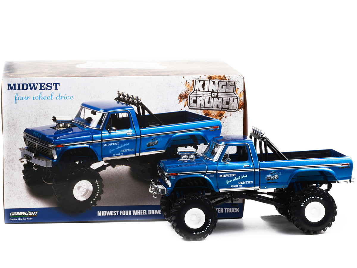 1974 Ford F-250 Ranger XLT Monster Truck with 48-Inch Tires Blue Metallic "Midwest Four Wheel Drive Center" "Kings of Crunch" Series 1/18 Diecast Model Car