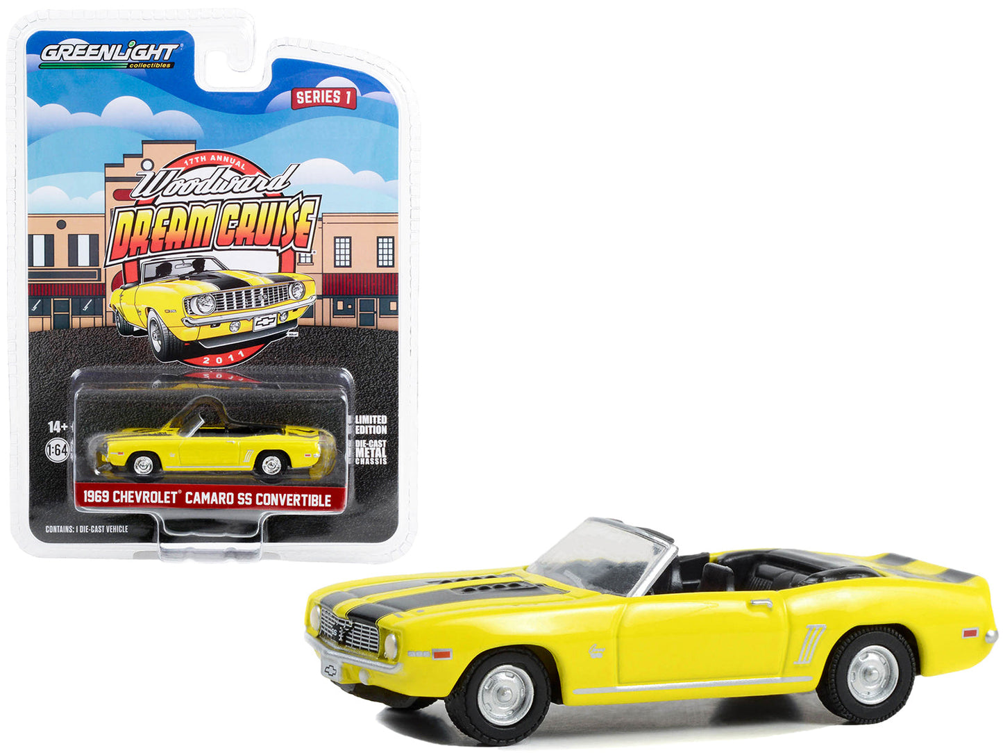 1969 Chevrolet Camaro SS Convertible Yellow with Black Stripes "17th Annual Woodward Dream Cruise Featured Heritage Vehicle" (2011) "Woodward Dream Cruise" Series 1 1/64 Diecast Model Car