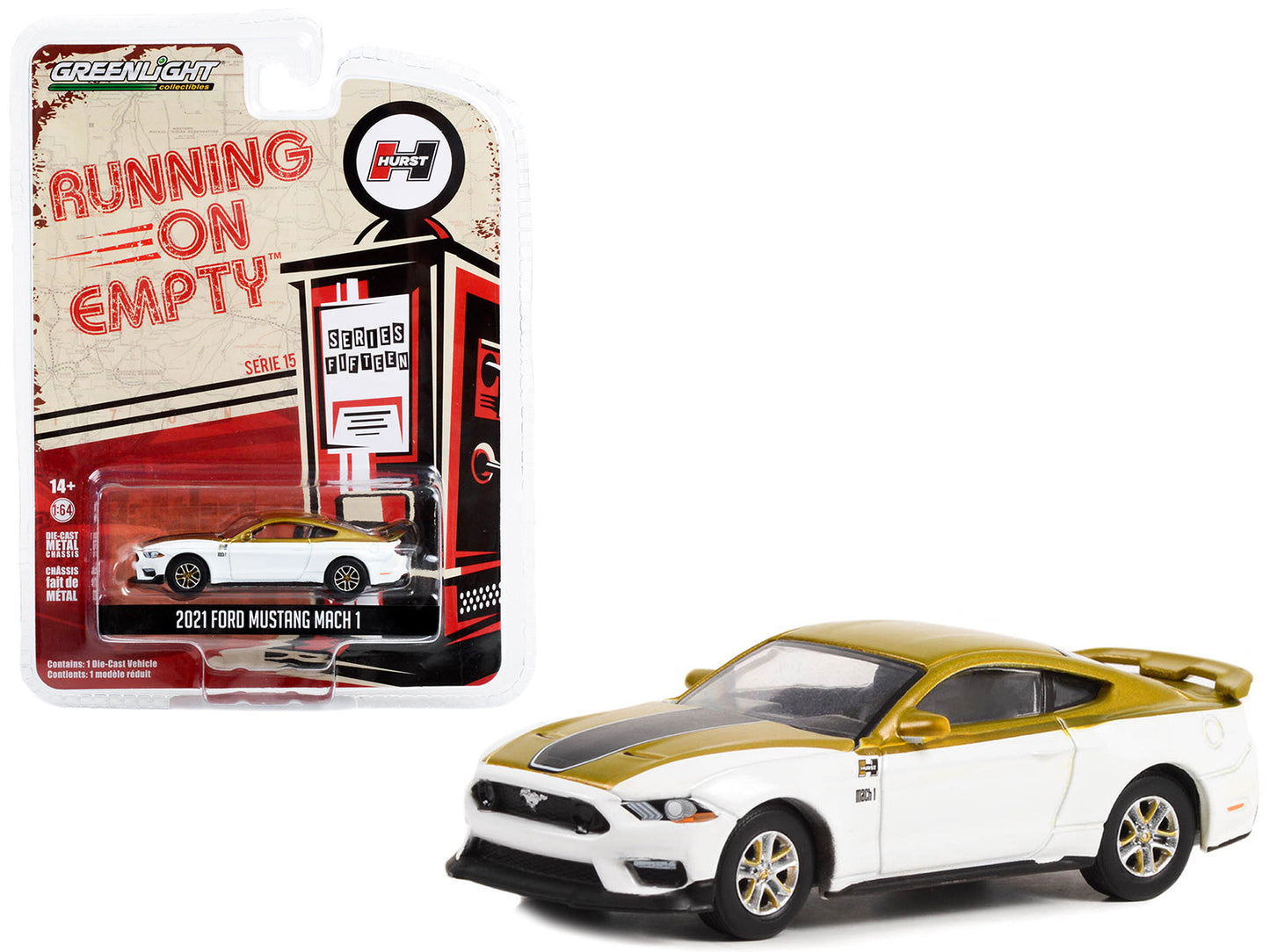 2021 Ford Mustang Mach 1 White and Gold with Black Stripe "Hurst Performance" "Running on Empty" Series 15 1/64 Diecast Model Car