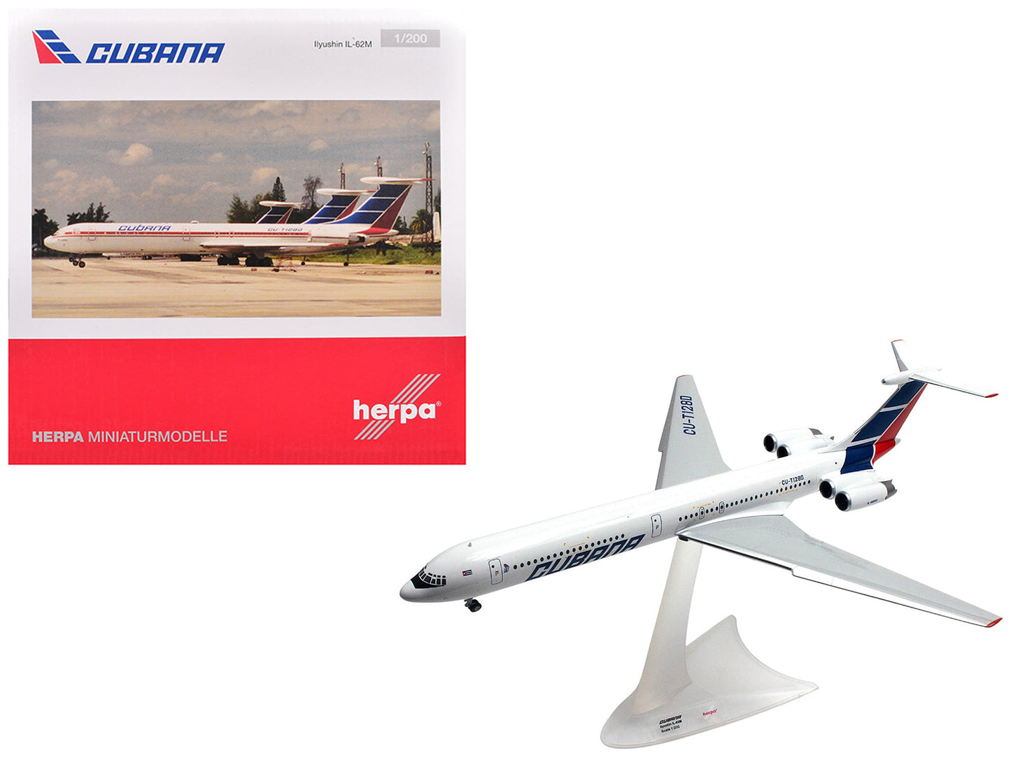 Ilyushin IL-62M Commercial Aircraft "Cubana de Aviacion" (T1280) White with Blue and Red Tail 1/200 Diecast Model Airplane