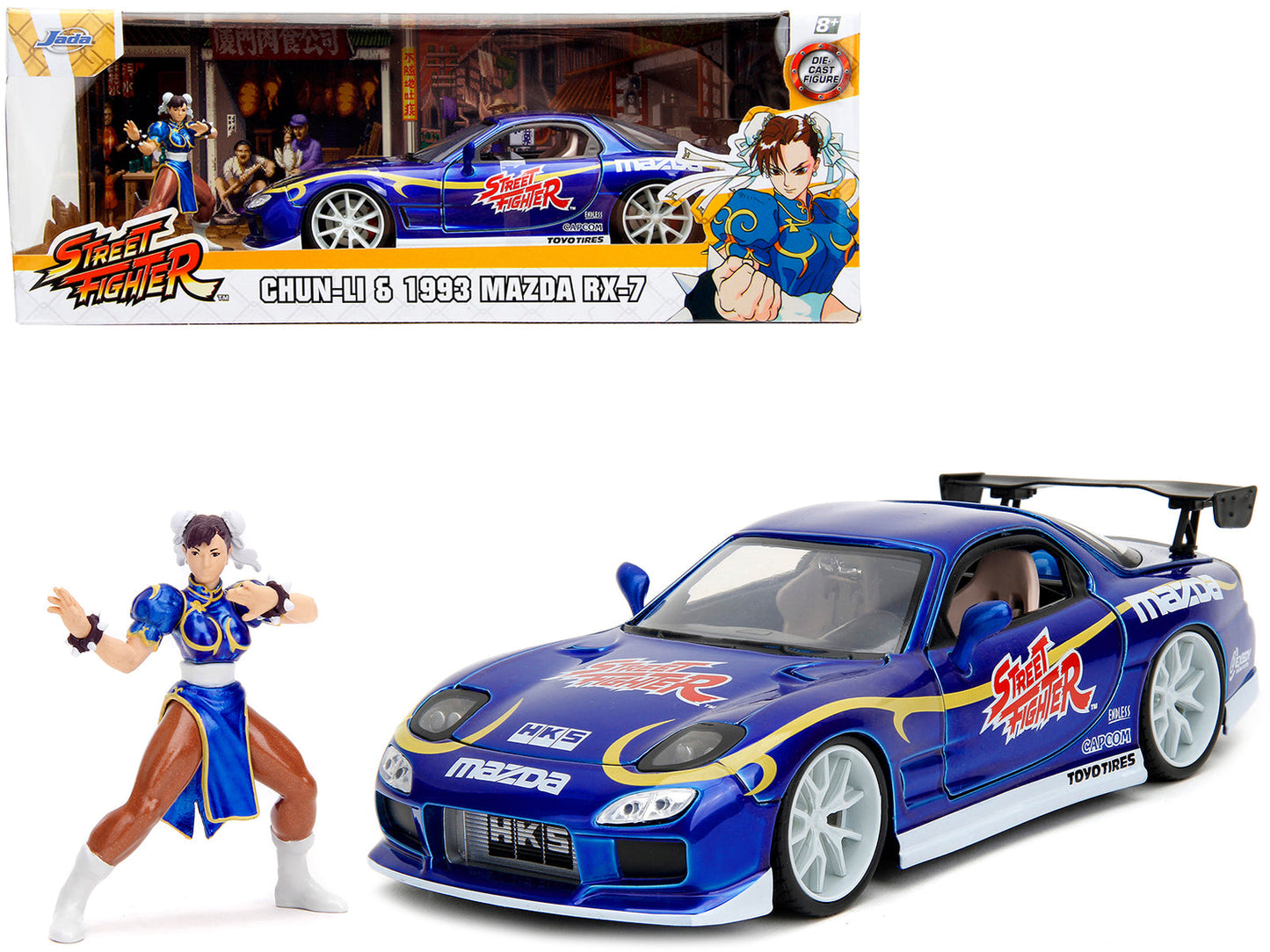 1993 Mazda RX-7 Candy Blue Metallic with Graphics and Chun-Li Diecast Figure "Street Fighter" Video Game "Anime Hollywood Rides" Series 1/24 Diecast Model Car