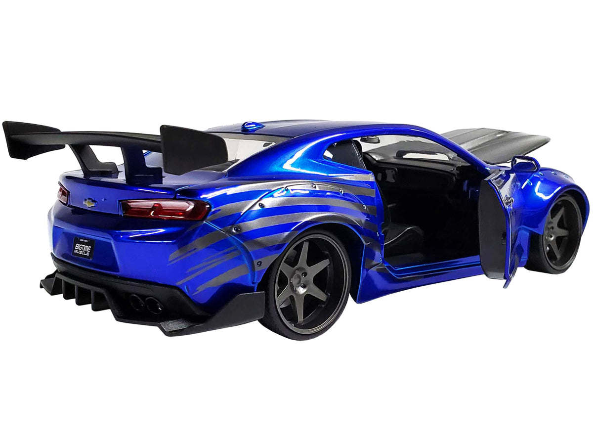 2016 Chevrolet Camaro Widebody Candy Blue with Gray Metallic Hood and American Flag Graphics "Bigtime Muscle" Series 1/24 Diecast Model Car
