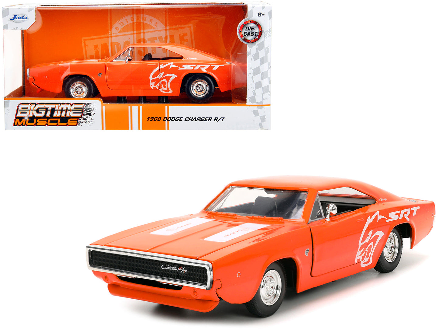 1968 Dodge Charger R/T SRT Orange with White Stripes and Graphics "Bigtime Muscle" Series 1/24 Diecast Model Car