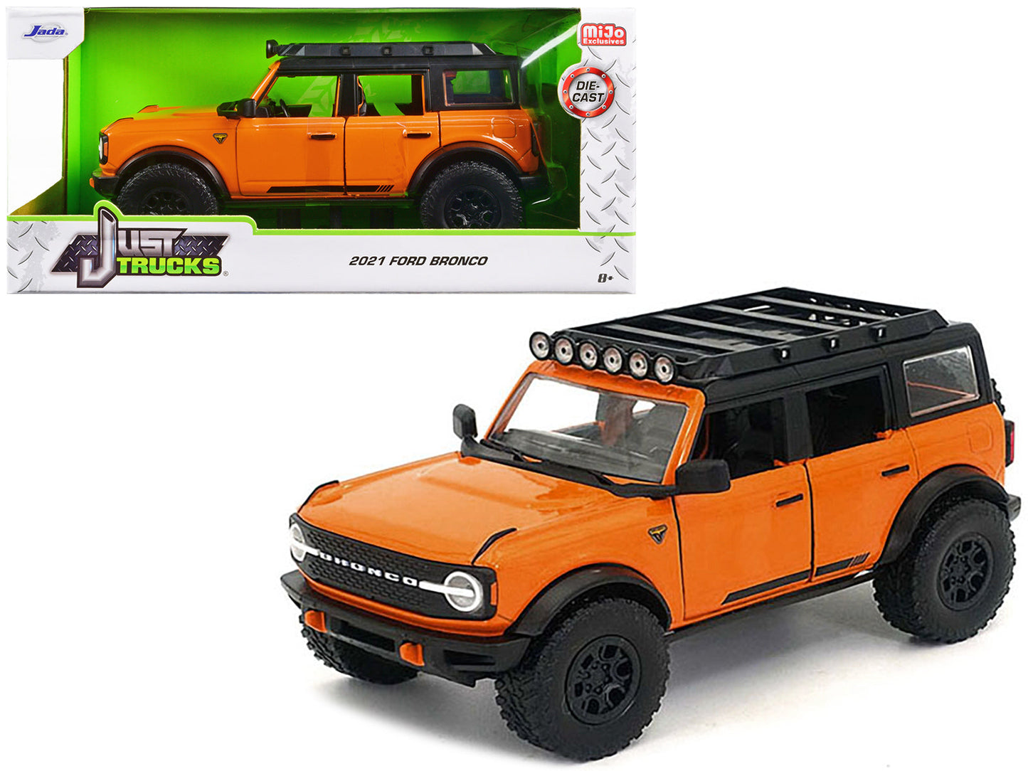 2021 Ford Bronco Orange with Black Stripes and Roof Rack "Just Trucks" Series 1/24 Diecast Model Car