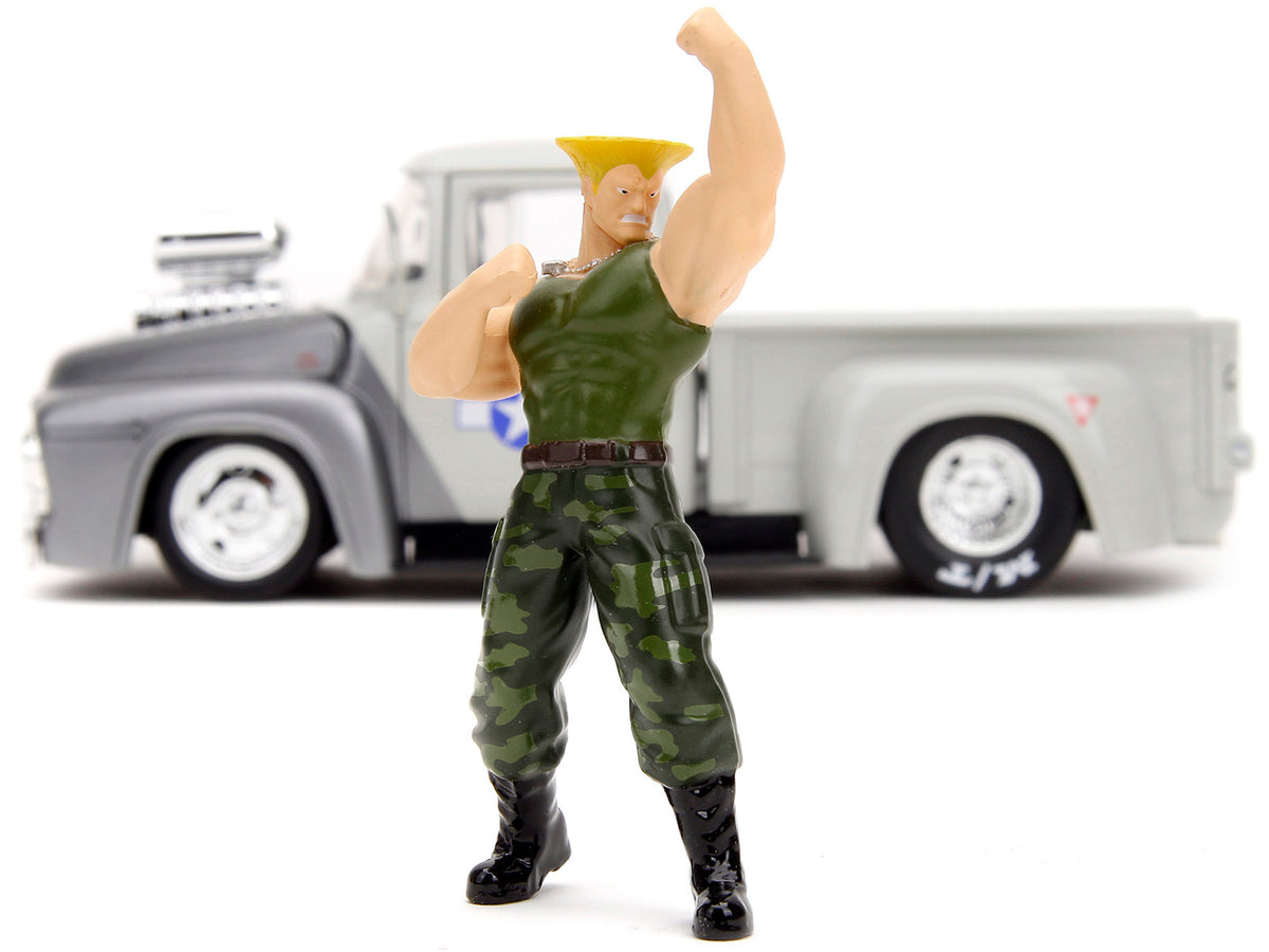 1956 Ford F-100 Pickup Truck Tan and Gray Metallic and Guile Diecast Figure "Street Fighter" Video Game "Anime Hollywood Rides" Series 1/24 Diecast Model Car