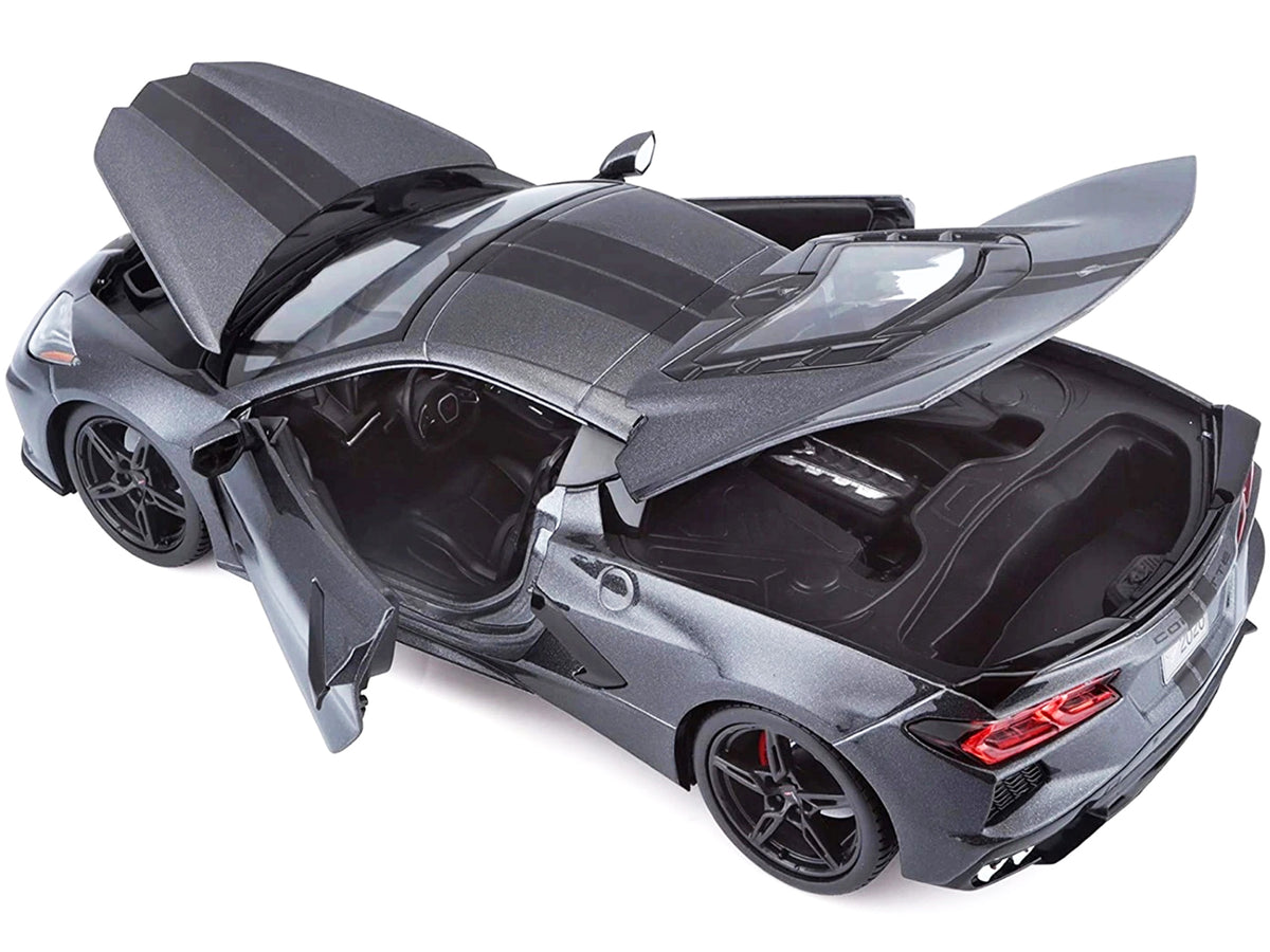 2020 Chevrolet Corvette Stingray C8 Dark Gray Metallic with Racing Stripes 1/18 Diecast Model Car