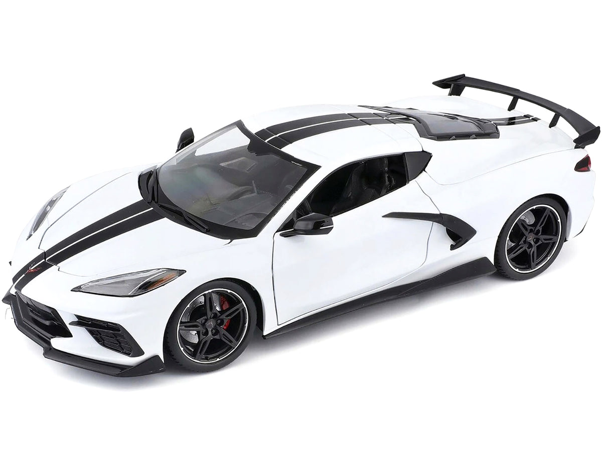 2020 Chevrolet Corvette Stingray C8 Coupe with High Wing White with Black Stripes 1/18 Diecast Model Car