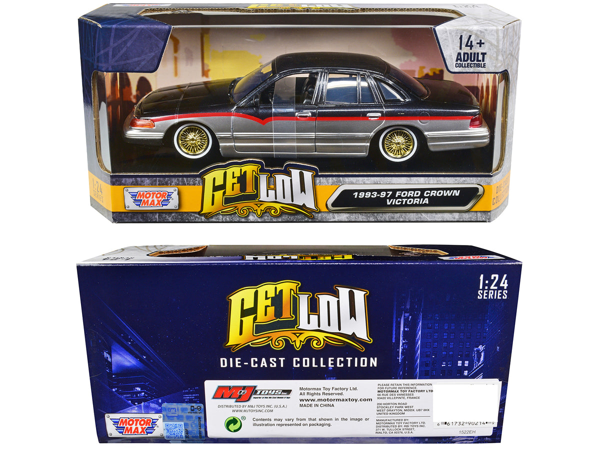 1993-1997 Ford Crown Victoria Lowrider Black Metallic and Silver with Red Stripes "Get Low" Series 1/24 Diecast Model Car