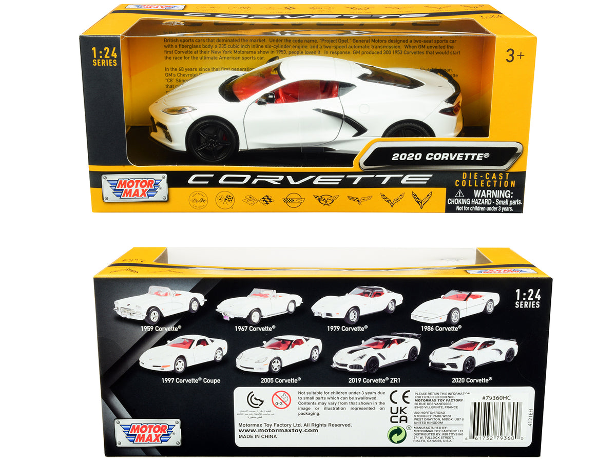 2020 Chevrolet Corvette C8 Stingray White with Red Interior "History of Corvette" Series 1/24 Diecast Model Car