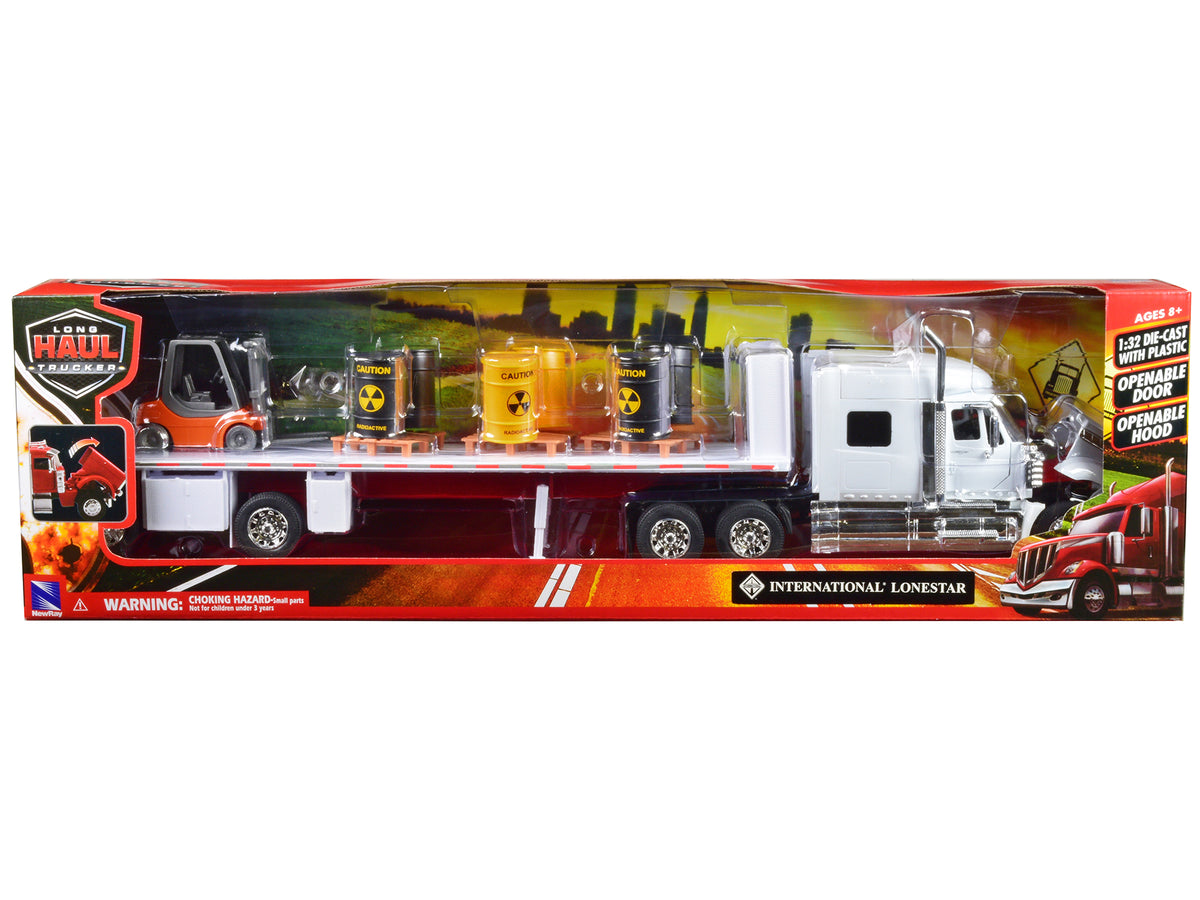 International Lonestar Flatbed Truck White with 6 Toxic Barrels 3 Pallets and Forklift "Long Haul Trucker" Series 1/32 Diecast Model