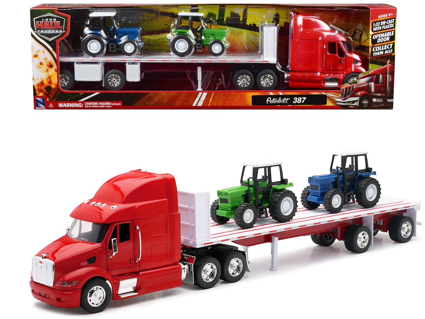 Peterbilt 387 Flatbed Truck Red with 2 Farm Tractors Blue and Green "Long Haul Trucker" Series 1/32 Diecast Model