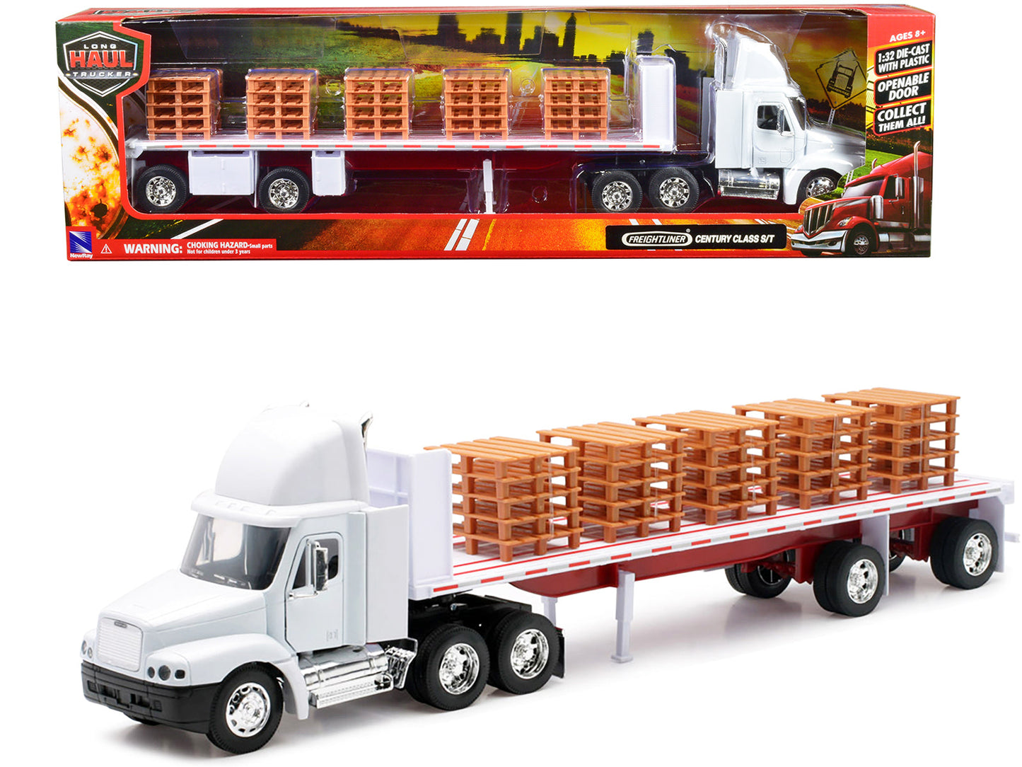 Freightliner Century Class S/T Flatbed Truck White with Pallet Accessories "Long Haul Trucker" Series 1/32 Diecast Model