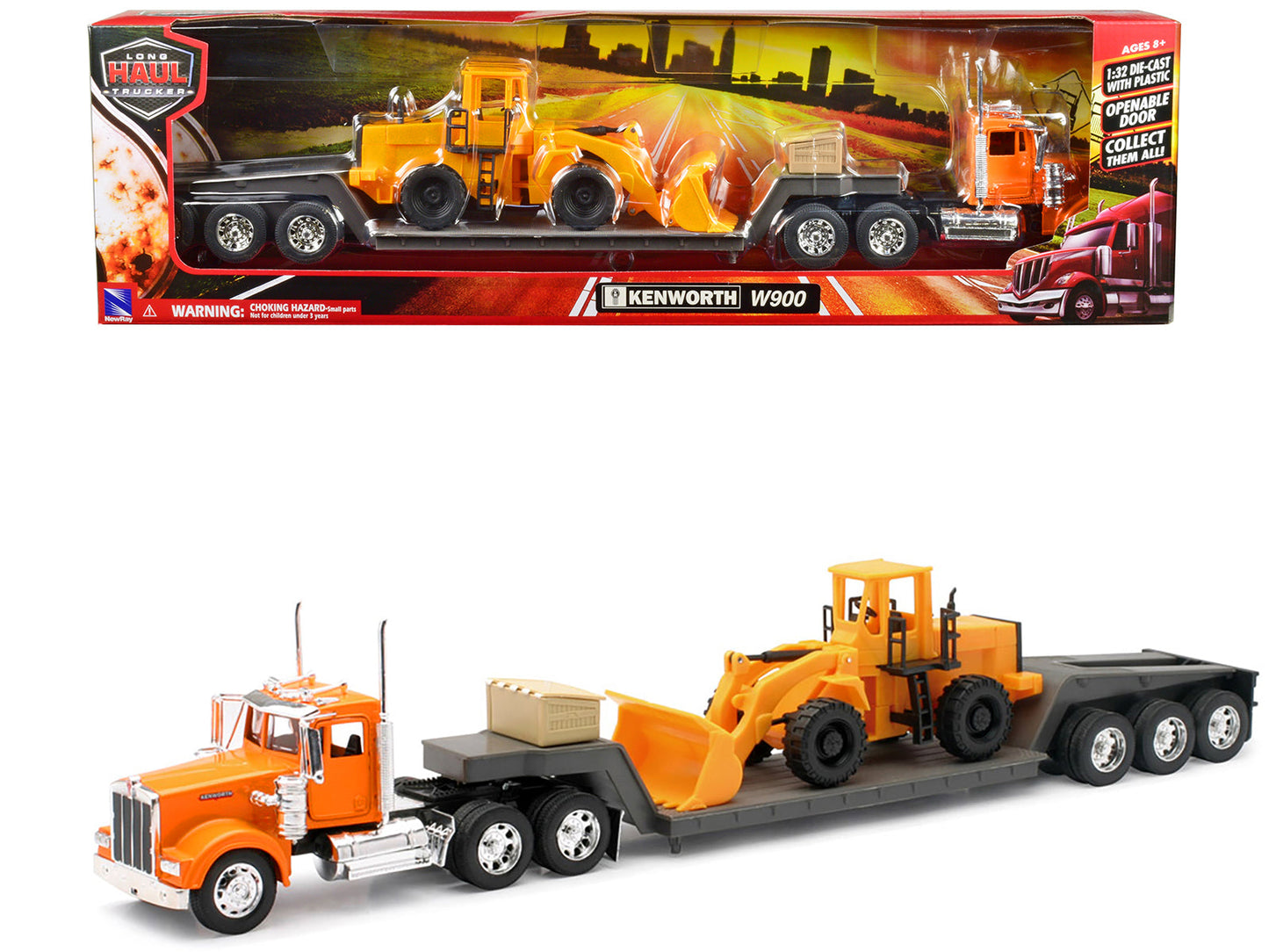 Kenworth W900 Truck with Lowboy Trailer Orange and Wheel Loader Yellow "Long Haul Trucker" Series 1/32 Diecast Model